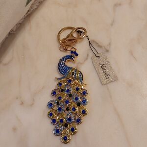 NWT Natasha Large Peacock Bag Charm, Rhinestones And Golden Key Chain
